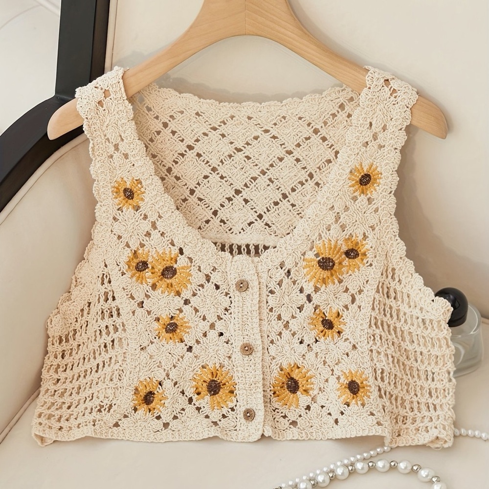 Sunflower Crochet Knit Vest Retro Boho Festival Crop Top Size Small